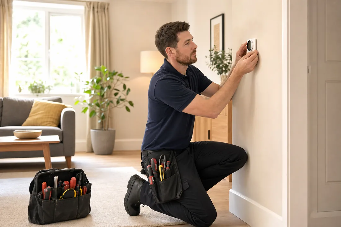 Electrician installing LED downlights in a modern Bury kitchen
