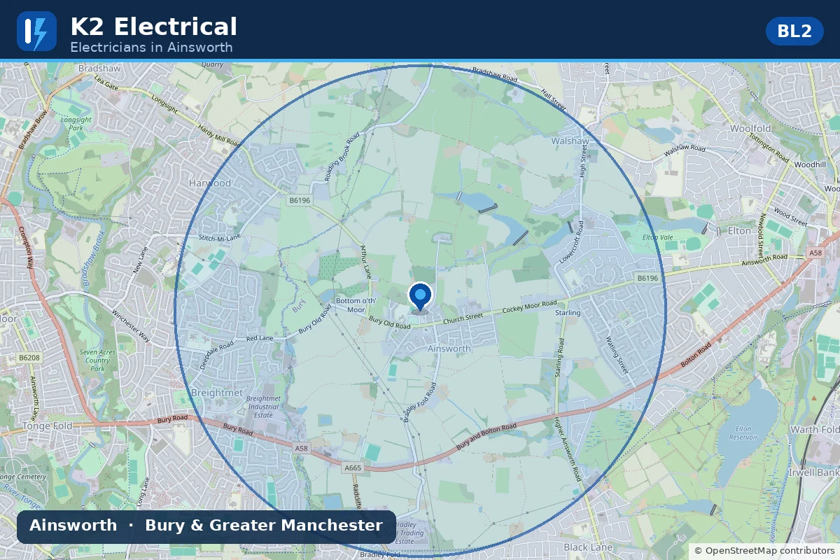 Map showing K2 Electrical's electrician coverage area around Ainsworth, BL2, near Bury