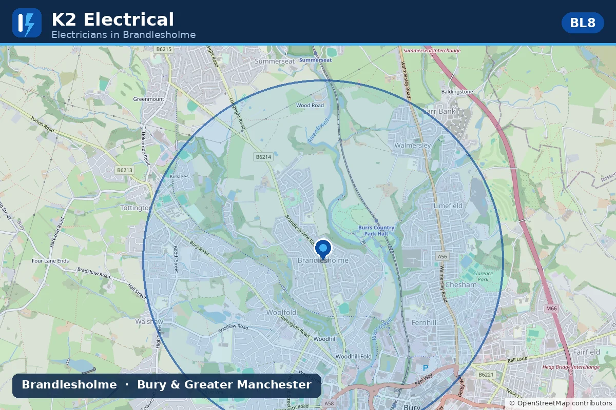 Map showing K2 Electrical's electrician coverage area around Brandlesholme, BL8, near Bury