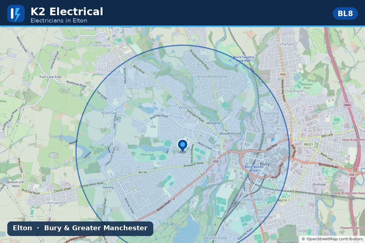 Map showing K2 Electrical's electrician coverage area around Elton, BL8, near Bury