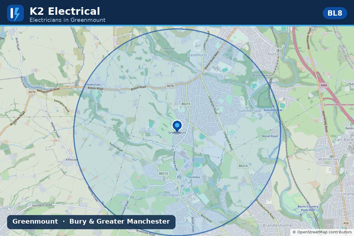 Map showing K2 Electrical's electrician coverage area around Greenmount, BL8, near Bury