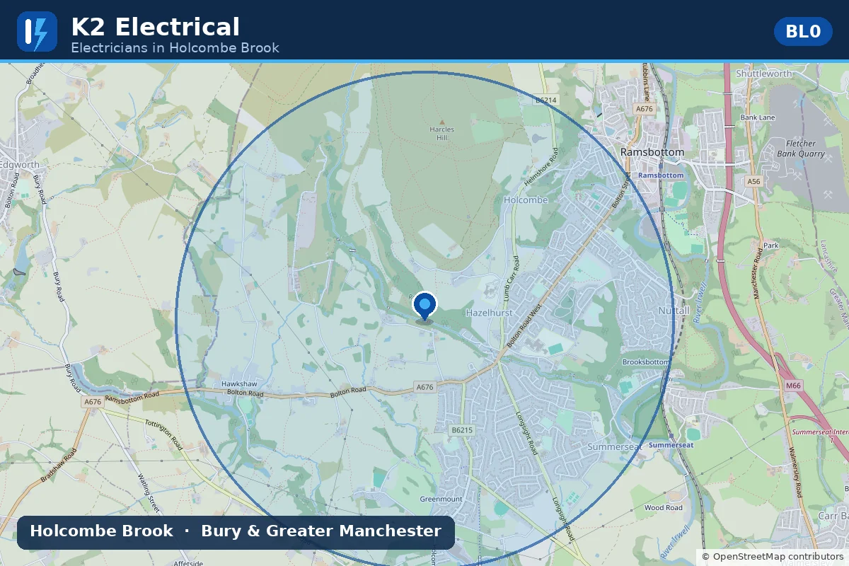 Map showing K2 Electrical's electrician coverage area around Holcombe Brook, BL0, near Bury