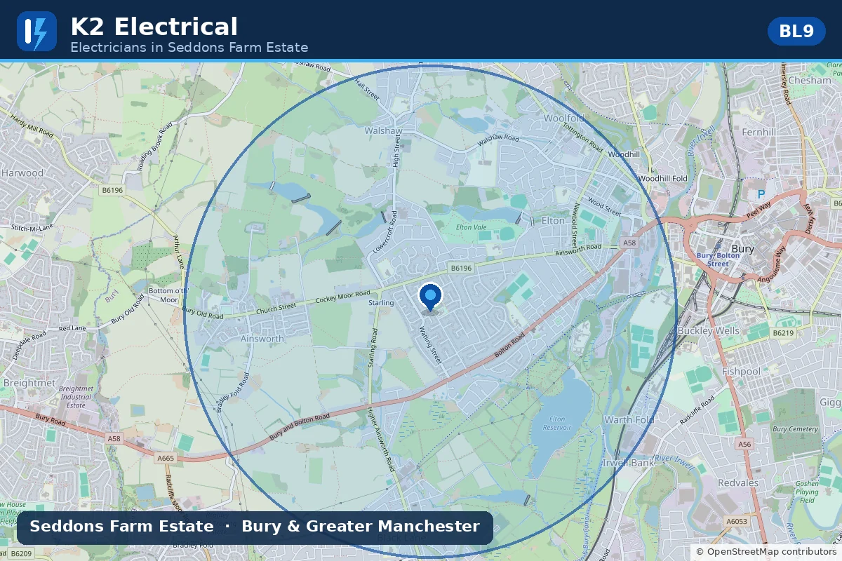Map showing K2 Electrical's electrician coverage area around Seddons Farm Estate, BL9, near Bury