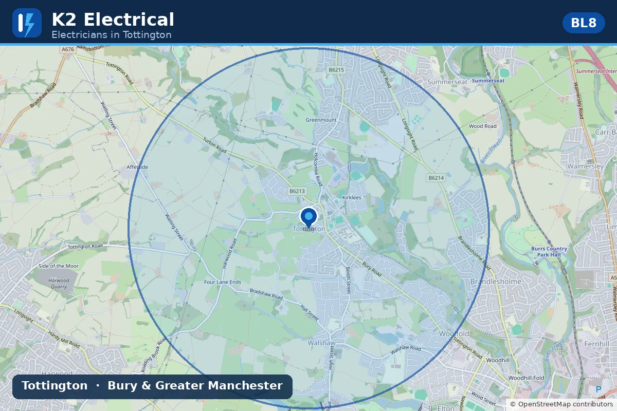 Map showing K2 Electrical's electrician coverage area around Tottington, BL8, near Bury