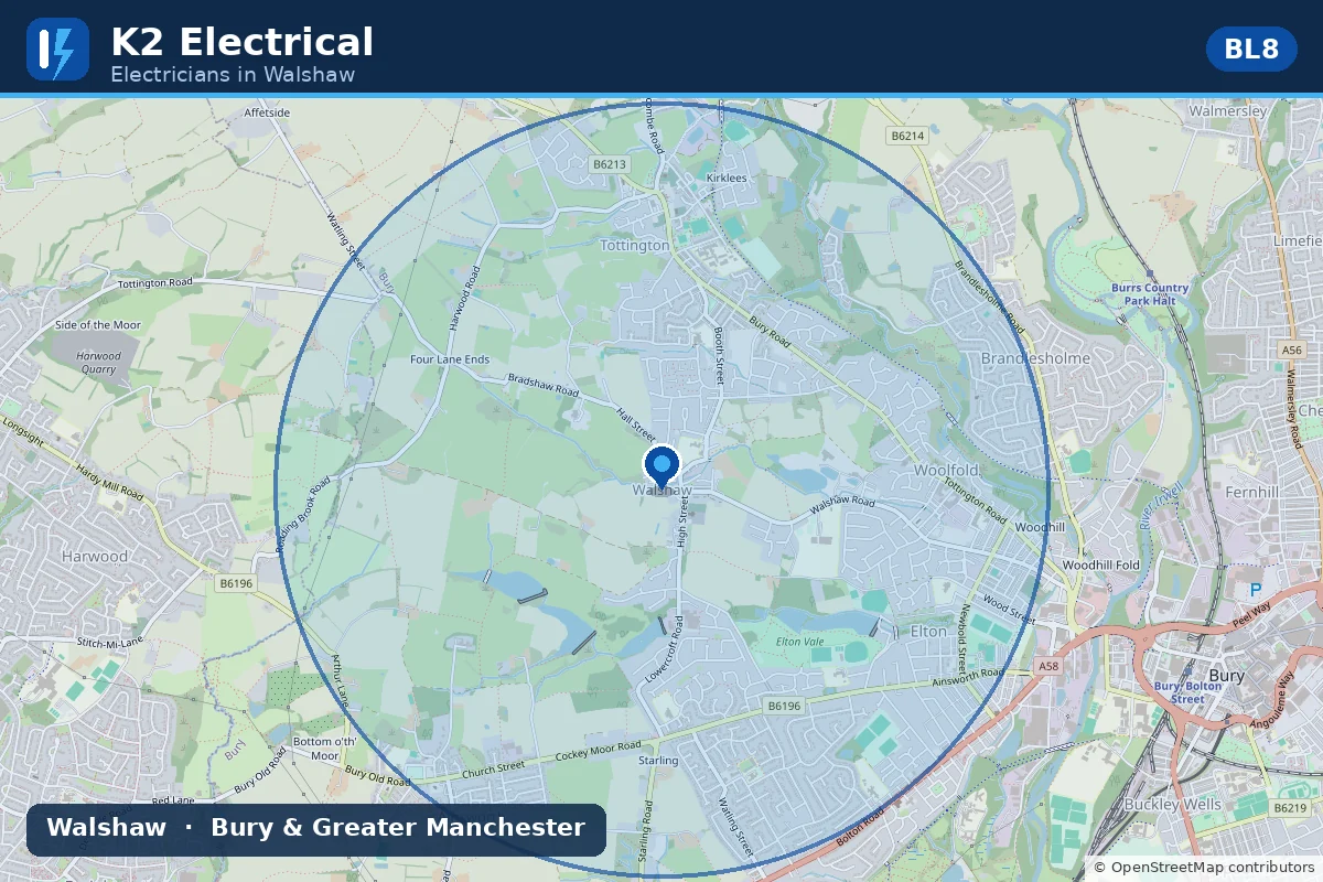 Map showing K2 Electrical's electrician coverage area around Walshaw, BL8, near Bury